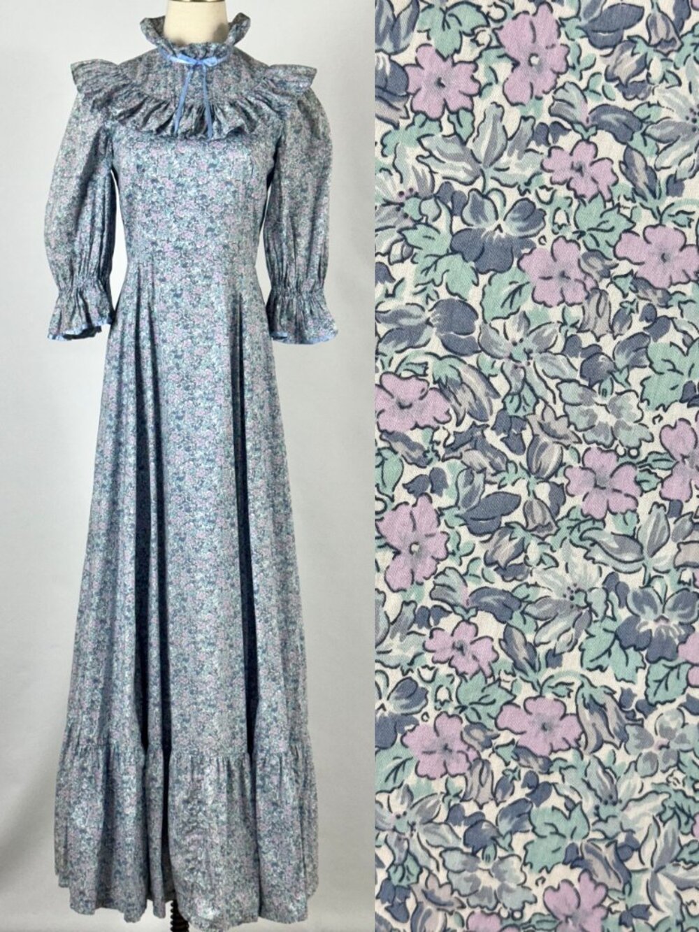 Vtg 70s Blue & Purple Floral Prairie Maxi Dress Cotton Ruffles Puff Sleeves